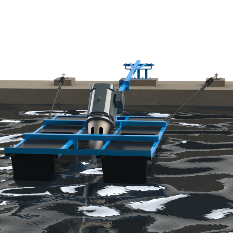 Aérateur flottant AIRFLOW BIOTRADE pour l'oxygénation et le brassage des eaux usées en bassin.