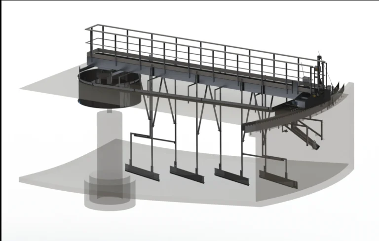 Clarificateur raclé BIOTRADE avec pont radial pour bassin circulaire de traitement.
