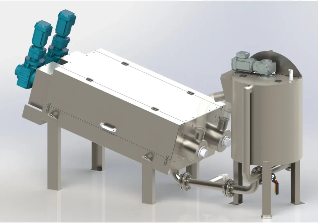Presse à vis BioPress BIOTRADE avec cuve de floculation pour la déshydratation des boues.