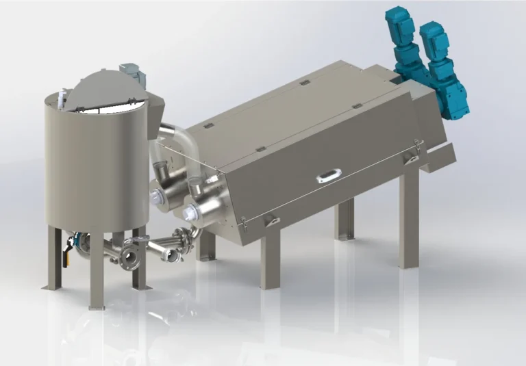 Rendu 3D de la presse à vis Biopress couplée à une cuve de préparation de polymère Biotrade