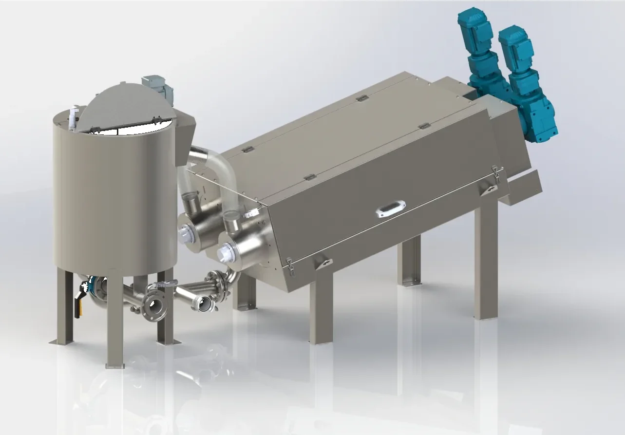 Rendu 3D de la presse à vis Biopress couplée à une cuve de préparation de polymère Biotrade