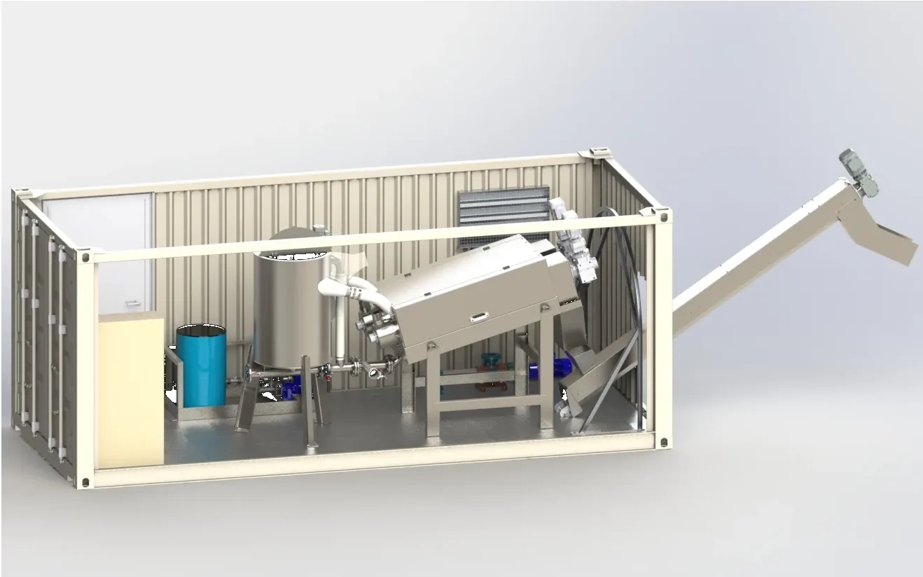 Unité mobile de déshydratation des boues BIOTRADE en conteneur pour le traitement des boues urbaines et industrielles.
