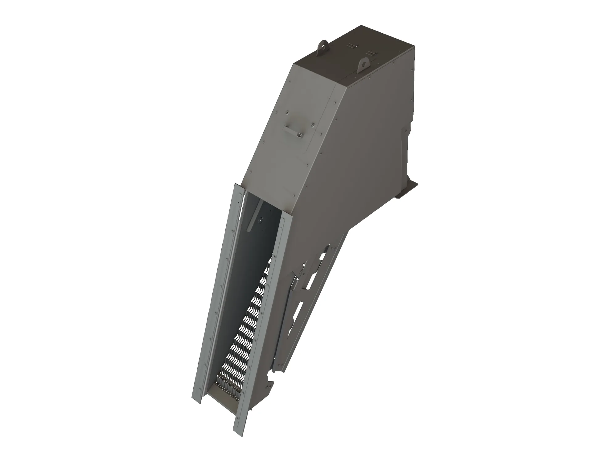 Vue 3D isométrique du dégrilleur escalier BioScreen DGE Biotrade, capot ouvert révélant les barreaux de filtration inclinés