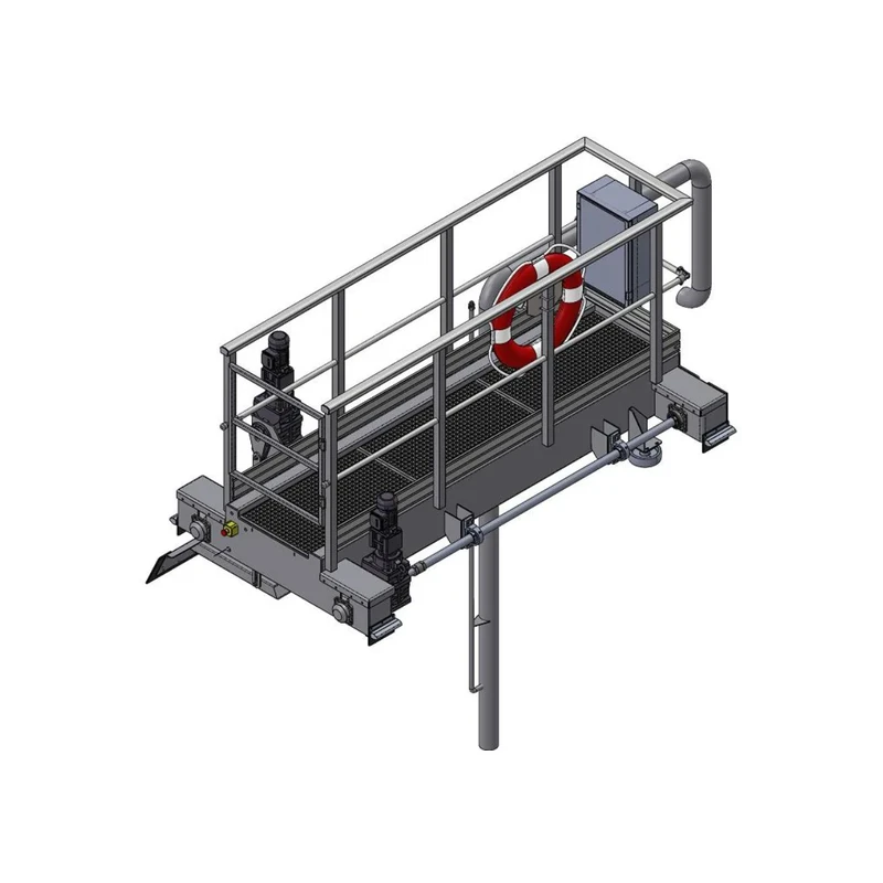 Rendu 3D isométrique du pont baladeur dégraisseur-dessableur Biotrade avec passerelle de service, motoréducteurs, racleur de surface et tuyauterie d'extraction
