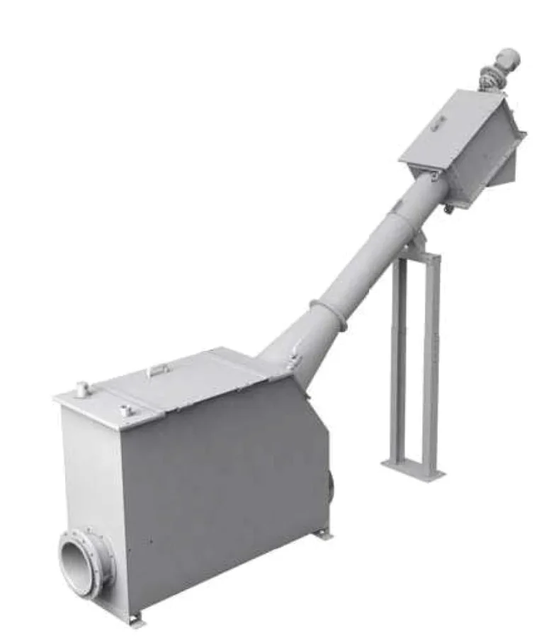 Rendu 3D d'un tamis à vis caisson inox Biotrade avec caisson d'alimentation fermé, vis compacteuse inclinée et motoréducteur