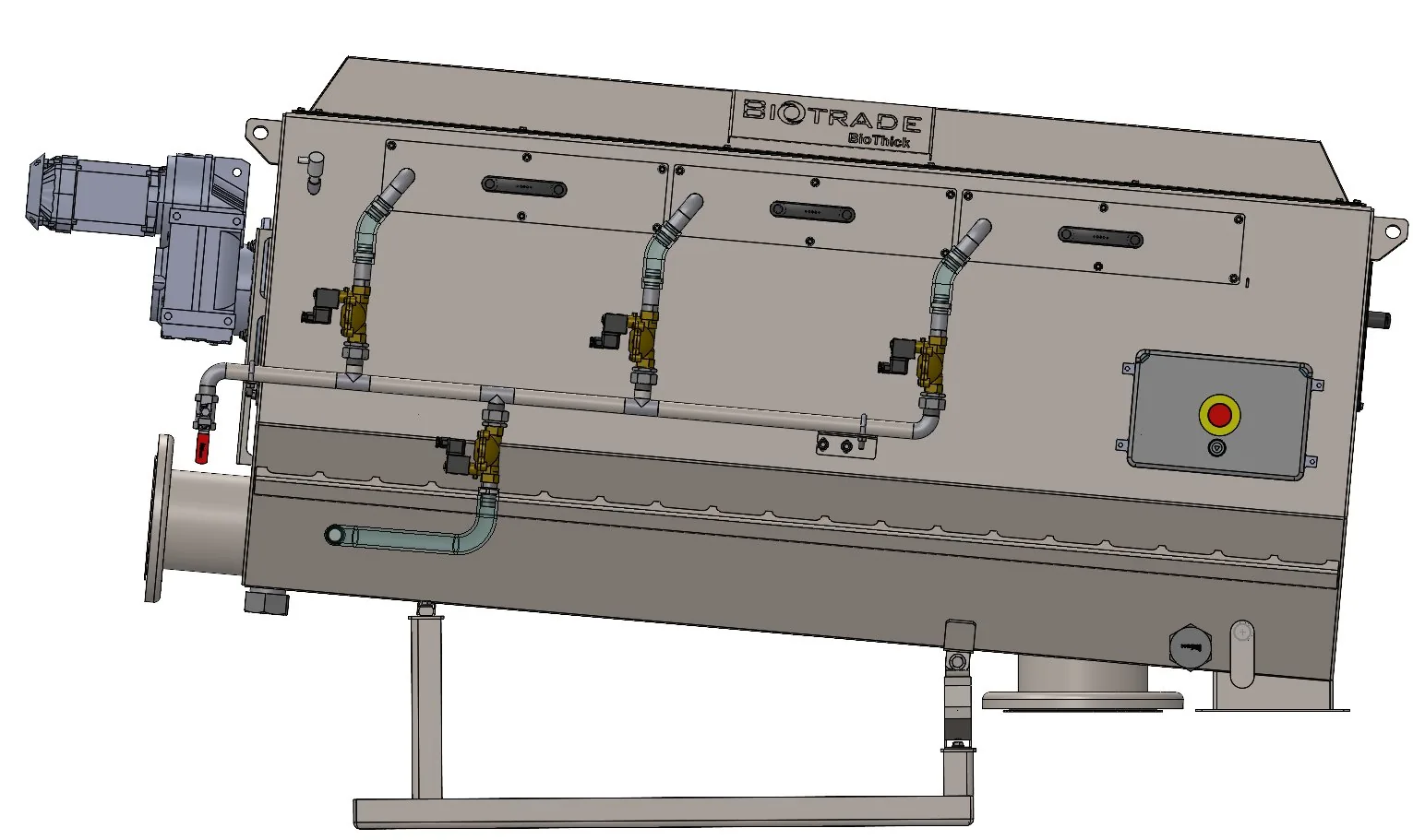 Vue latérale gauche en 3D du tambour épaississeur BioThick Biotrade avec électrovannes de lavage, tuyauterie et boîtier de commande