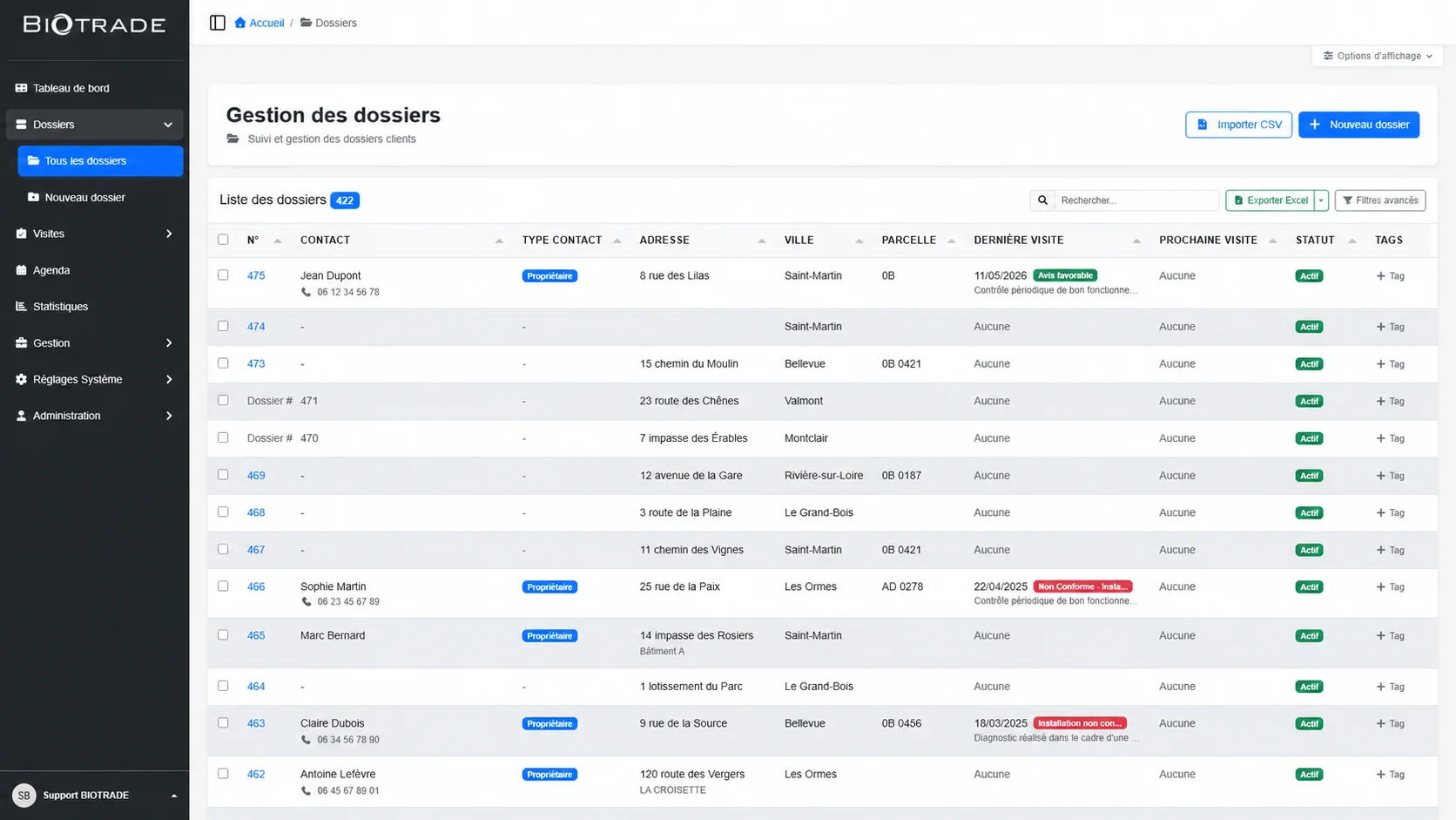 Liste des dossiers clients dans l'interface de gestion SPANC Biotrade avec filtres et statuts