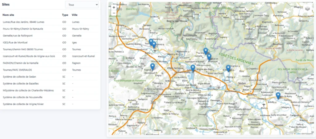 Interface de cartographie ePErf affichant les sites de surveillance réglementaire sur une carte IGN de la région Ardennes