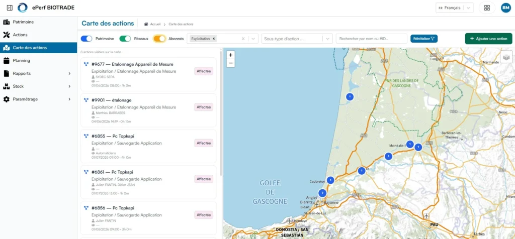Interface ePerf GMAO montrant la carte des actions avec une liste d'interventions affectées à gauche (étalonnages, sauvegardes application) et une carte géographique du Pays Basque et des Landes avec marqueurs bleus indiquant les sites d'intervention