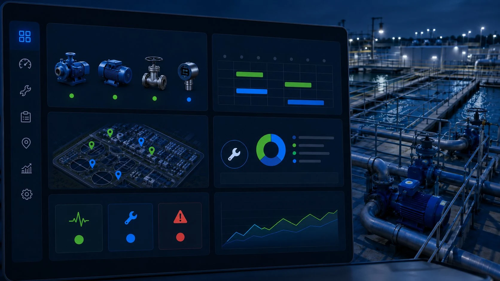 Écran de l'interface ePerf GMAO affichant un inventaire de pompes et vannes avec statuts, une cartographie aérienne des installations géolocalisées, un diagramme de Gantt de planification, des indicateurs de maintenance et des courbes de suivi, devant une station d'épuration industrielle éclairée de nuit