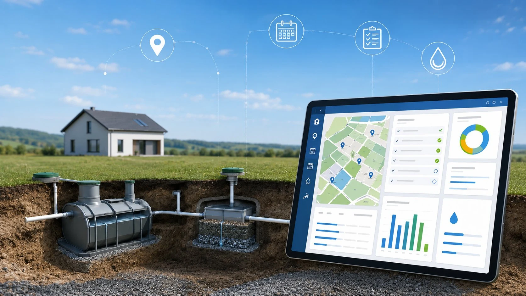 Tablette affichant l'interface de gestion SPANC ePerf avec carte des installations d'assainissement non collectif, liste de contrôles de conformité et graphiques de suivi, devant une maison individuelle avec fosse et filtre enterrés visibles en coupe