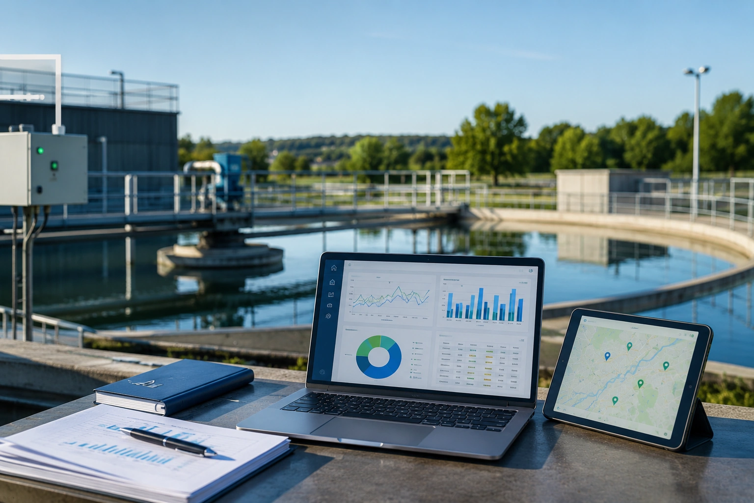 Interface de suivi des données EPERF sur ordinateur et tablette devant une installation de traitement de l'eau